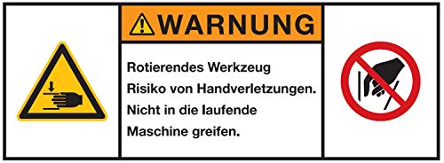 Warnaufkleber WARNUNG Rotierendes Werkzeug Risiko von Handverletzungen. Nicht in die laufende Maschine greifen. Schild Folie 35x80 / 45x100 / 70x160mm Made in Germany, Größe: 70x160 mm von MBS-SIGNS