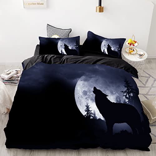 Bettwäsche 135x200 Realistisches Tier Wolf Mond Kinder Bettbezug Set 3D Druck Bedding Bettwäsche 3 Teilig Bettbezüge Hohe Dichte Mikrofaser Bettbezug 2 Kissenbezug 80x80cm mit Reißverschluss von MBWLKJ