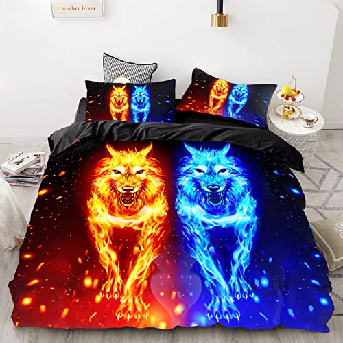 Bettwäsche 135x200 Wasser Feuer Tier Wolf Kinder Bettbezug Set 3D Druck Bedding Bettwäsche 3 Teilig Bettbezüge Hohe Dichte Mikrofaser Bettbezug 2 Kissenbezug 80x80cm mit Reißverschluss von MBWLKJ