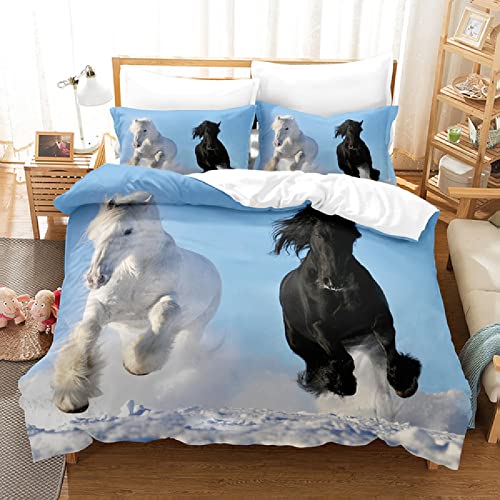 Bettwäsche 155x220 Tier Pferd Muster Grasland Wildpferd Bettbezug Set 3D Druck Bedding Bettwäsche 3 Teilig Bettbezüge Hohe Dichte Mikrofaser Bettbezug 2 Kissenbezug 80x82cm mit Reißverschluss von MBWLKJ