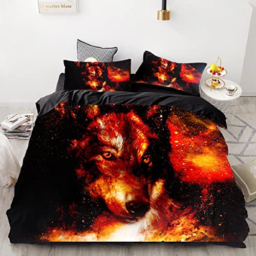 Bettwäsche 240x260 Flamme Tier Wolf Gesicht Kinder Bettbezug Set 3D Druck Bedding Bettwäsche 3 Teilig Bettbezüge Hohe Dichte Mikrofaser Bettbezug 2 Kissenbezug 80x80cm mit Reißverschluss von MBWLKJ