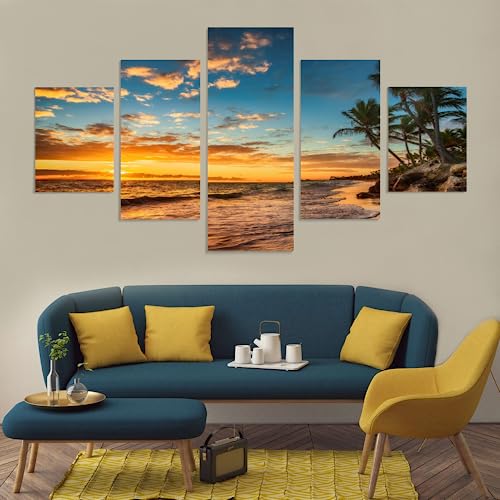 Bilder Sonnenuntergang Am Meer 200x100cm Vlies Leinwandbild 5 teilig Kunstdruck modern Wandbilder XXL Wanddekoration Design Wand Bild von MBWLKJ