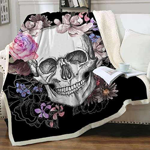 Kuscheldecken Gothic Rose Skelett Totenkopf Sherpa Wohndecken 150x200 cm Dicke Decke Winter warm Sofadecken Vlies Decke Skull Motiv Flanell Bettdecke Schlafdecke für Erwachsene Kinder von MBWLKJ