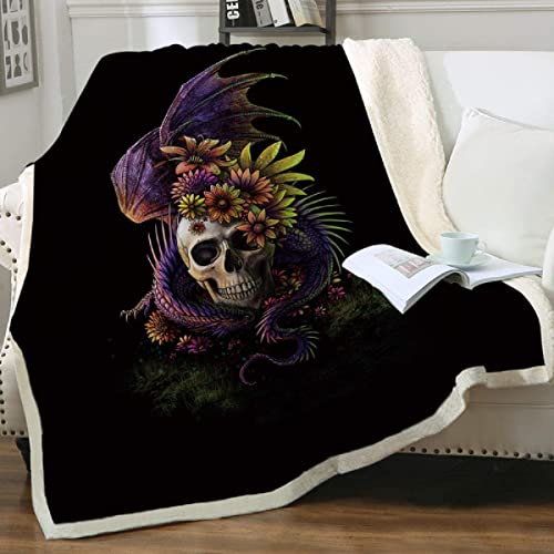 Kuscheldecken Gothic Rose Skelett Totenkopf Sherpa Wohndecken 150x200 cm Dicke Decke Winter warm Sofadecken Vlies Decke Skull Motiv Flanell Bettdecke Schlafdecke für Erwachsene Kinder von MBWLKJ