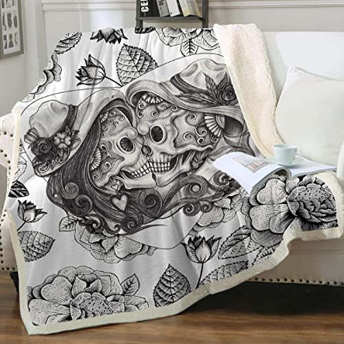 Kuscheldecken Gothic Rose Skelett Totenkopf Sherpa Wohndecken 150x200 cm Dicke Decke Winter warm Sofadecken Vlies Decke Skull Motiv Flanell Bettdecke Schlafdecke für Erwachsene Kinder von MBWLKJ