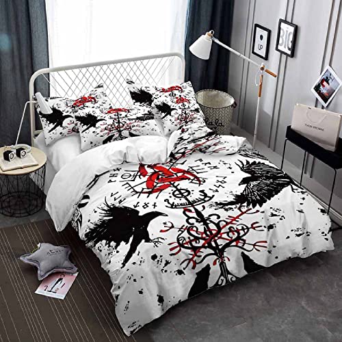 MBWLKJ Bettwäsche 220x240 Wikinger Krähe Wolf Keltischer Knoten Rune Kinder Bettbezug Set 3D Druck Bettbezüge Set 3 Teilig Mikrofaser weich Bettbezug 2 Kissenbezug 80x80cm mit Reißverschluss von MBWLKJ