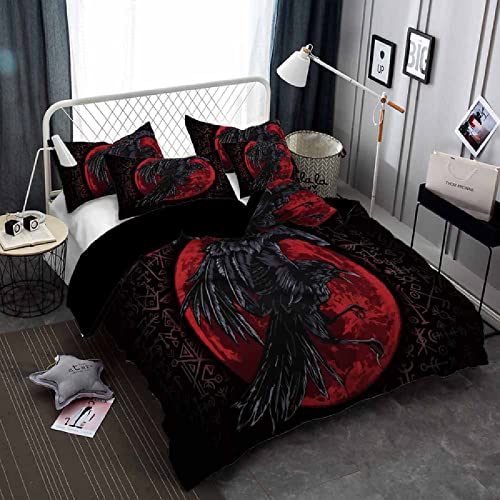 MBWLKJ Wikinger Bettwäsche 155x220 Mythologie Rune rot Mond Rabe Kinder Bettbezug Set 3D Druck Bedding Bettwäsche Set 3 Teilig weich Bettbezüge Bettbezug 2 Kissenbezug 80x80cm mit Reißverschluss von MBWLKJ