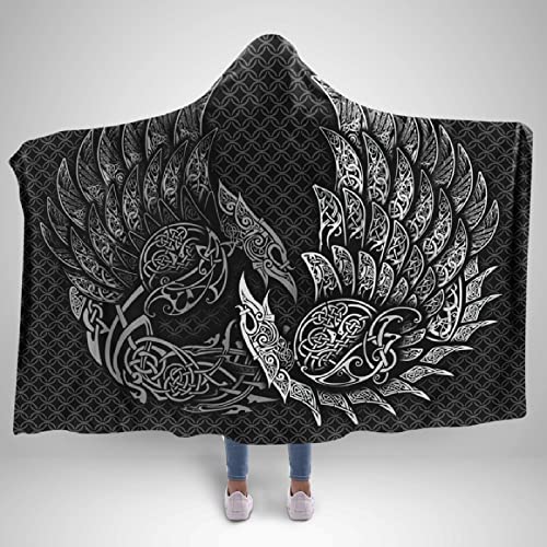 Mit Kapuze Decken Raben Flügel Wikinger Piraten Krähe Nordisch Mythologie Totem Kapuzendecke Flauschige Sherpa TV Sofa Decken Warmer Winter Kapuzen Kuscheldecke Flanell Fleecedecke（150x200） von MBWLKJ