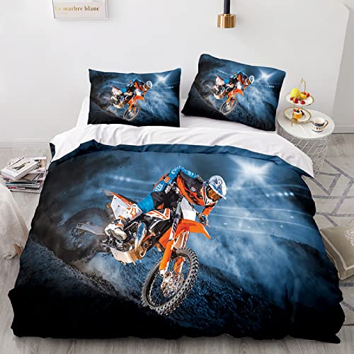 Motorrad Bettwäsche 135x200 Fahrer Motorräder Langlauf Rennen Bettbezug 3D Druck Bedding Bettwäsche Set 3 Teilig Bettbezüge Hohe Dichte Mikrofaser Bettbezug 2 Kissenbezug 80x80cm mit Reißverschluss von MBWLKJ