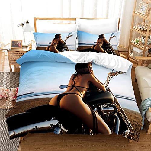 Motorrad Bettwäsche 135x200 Sexy Schönheiten Sportwagen Rennen Bettbezug 3D Druck Bedding Bettwäsche Set 3 Teilig Bettbezüge Hohe Dichte Mikrofaser Bettbezug 2 Kissenbezug 80x80cm mit Reißverschluss von MBWLKJ