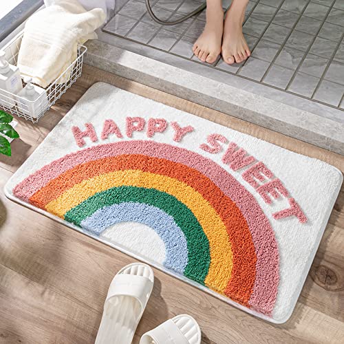 Rutschfeste Hochflor Badteppiche 40 x 60 cm Karikatur Regenbogen Badematte Waschbar Badezimmerteppich mit hoher Hydroskopizität Super weich Bad Teppich für Badewanne Dusche Badezimmer Fußabtreter von MBWLKJ