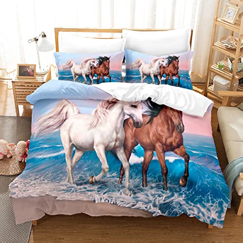 Tier Pferd Bettbezug Set 155x220 Grasland Wildpferd Muster Bettwäsche 3D Druck Bedding Bettwäsche Set 3 Teilig Hohe Dichte Mikrofaser Bettbezug 2 Kissenbezug 80x80cm mit Reißverschluss von MBWLKJ