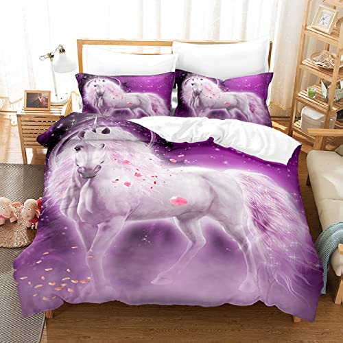 Tier Pferd Bettwäsche 135x200 Grasland Wildpferd Muster Bettbezug 3D Druck Bedding Bettwäsche Set 3 Teilig Bettbezüge Hohe Dichte Mikrofaser Bettbezug 2 Kissenbezug 80x82cm mit Reißverschluss von MBWLKJ