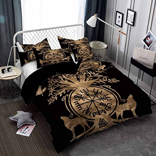 Wikinger Bettwäsche 155x220 Mythologie Rune Baum des Lebens Wolf Fenrir Kinder Bettbezug Set 3D Druck Bedding Bettwäsche 3 Teilig weich Bettbezüge Bettbezug 2 Kissenbezug 80x80cm mit Reißverschluss von MBWLKJ