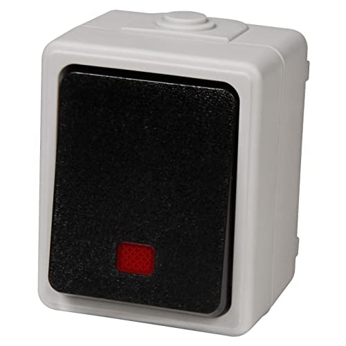 MC POWER - Feuchtraum Orientierungs-Schalter Aufputz I TAFF I Kontrollschalter rote Lampe 250V~/10A, IP44 für Außen geeignet, grau mit schwarzem Schalter von MC POWER