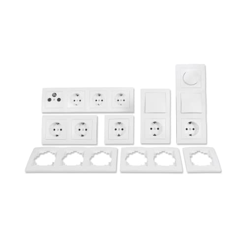 MC POWER - FLAIR - Wand Steckdosen und Schalter Set | Wohnlandschaft Dimmer | 20-teilig | Lichtschalter, Licht-Dimmer, Unterputz-Steckdosen, Antennendose weiß-matt von MC POWER