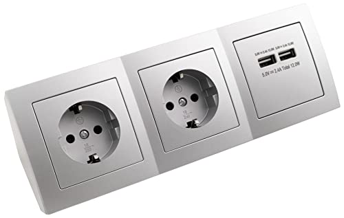 MC POWER - Steckdosenblock Unterbausteckdosen | FLAIR | 2-fach Schutzkontaktsteckdosen + 2x USB, 15cm Kabel, 250V~ / 16A, Aufbau, silber matt von MC POWER