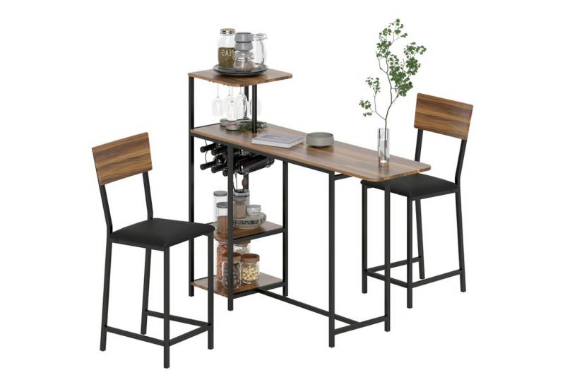 MC Star Bartisch mit Barhocker Set, 3-tlg. Bartisch-Set mit Klappbar Küchentisch (Weinglashalter Weinregal Ablage 2 Barstühlen, Stahlrahmen, im Modern, Essgruppe für Esszimmer, Küche, Braun) von MC Star