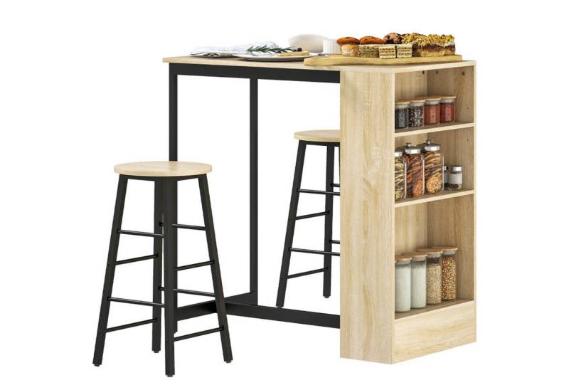 MC Star Bartisch mit Barhocker Set, 3-tlg. Bartisch-Set mit Küchentisch, Stauraum (Hocker, Fußstützen, im Modern-Stil, Platzsparend Essgruppe für Esszimmer, Küche, Stahl, Eiche) von MC Star