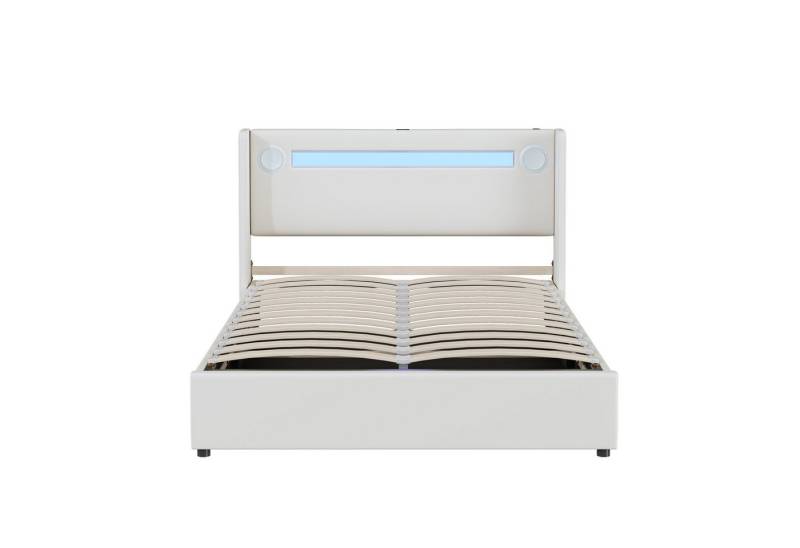 MC Star Bett Polsterbett Kinderbett Bett mit LED-Lichtleiste (Bluetooth-Player und USB-Aufladung, PU-Leder-Aufbewahrungsbett, Hochbettkasten, Jugendbett mit Lattenrost) von MC Star
