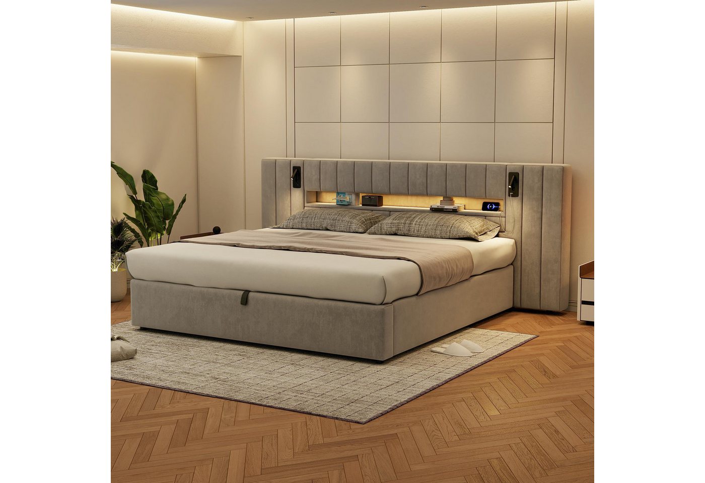 MC Star Bettgestell Bettgestell 180 x 200 cm mit USB-Anschluss, Polsterbett,Doppelbett (Funktionbett,mit LED-Beleuchtung,mit Nachttischlampe, mit Stauraum, ohne Matratze, Samt) von MC Star