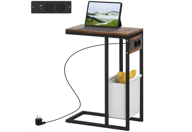 UMAY Couchtisch Beistelltisch in C-Form mit Tragetasche, Industrie Nachttisch (mit USB-Anschlüssen, Steckdosen für Wohnzimmer, Schlafzimmer, Rustikal-Braun) von UMAY