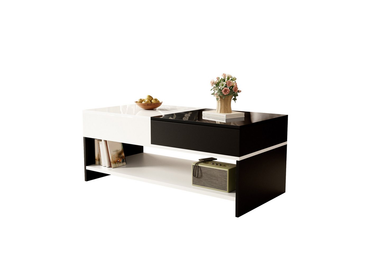 MC Star Couchtisch mit 2 Schubladen – Schwarz-Weiß-Design, Stauraum, Hochglanz (Stauraum, Hochglanz-Tischplatte, 100 cm lang) von MC Star