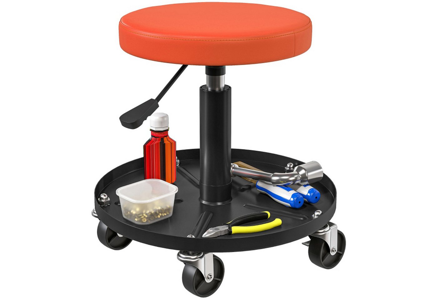 MC Star Drehhocker Werkstatthocker mit Rollen Ablagefläche höhenverstellbar 38-50cm (Rollhocker bis 135 kg belastbar drehbar Arbeitshocker Rollsitz Drehhocker Ø38 cm Werkstattsitz für Werkstatt Orange) von MC Star