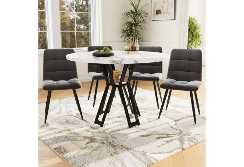 MC Star Essgruppe Esstisch-Set, Esstisch-Set mit 4 Stühlen, modernes Küchentisch-Set, (runder Küchentisch 100 cm Durchmesser, schwarze Beine, weiß marmorierte Tischplatte, graue Samt-Esszimmerstühle, 6-tlg) von MC Star