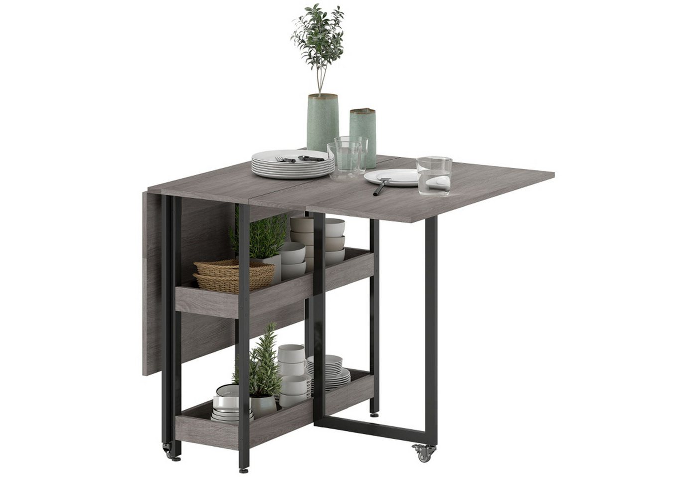 MC Star Esstisch Klappbar Küchentisch für 2-4 Personen mit 2 Offenen Ablagen (Mobiler Esszimmertisch Klapptisch für Kleine Räume, Esszimmer, Küche 133,4 x 80 x 75 cm Grau) von MC Star