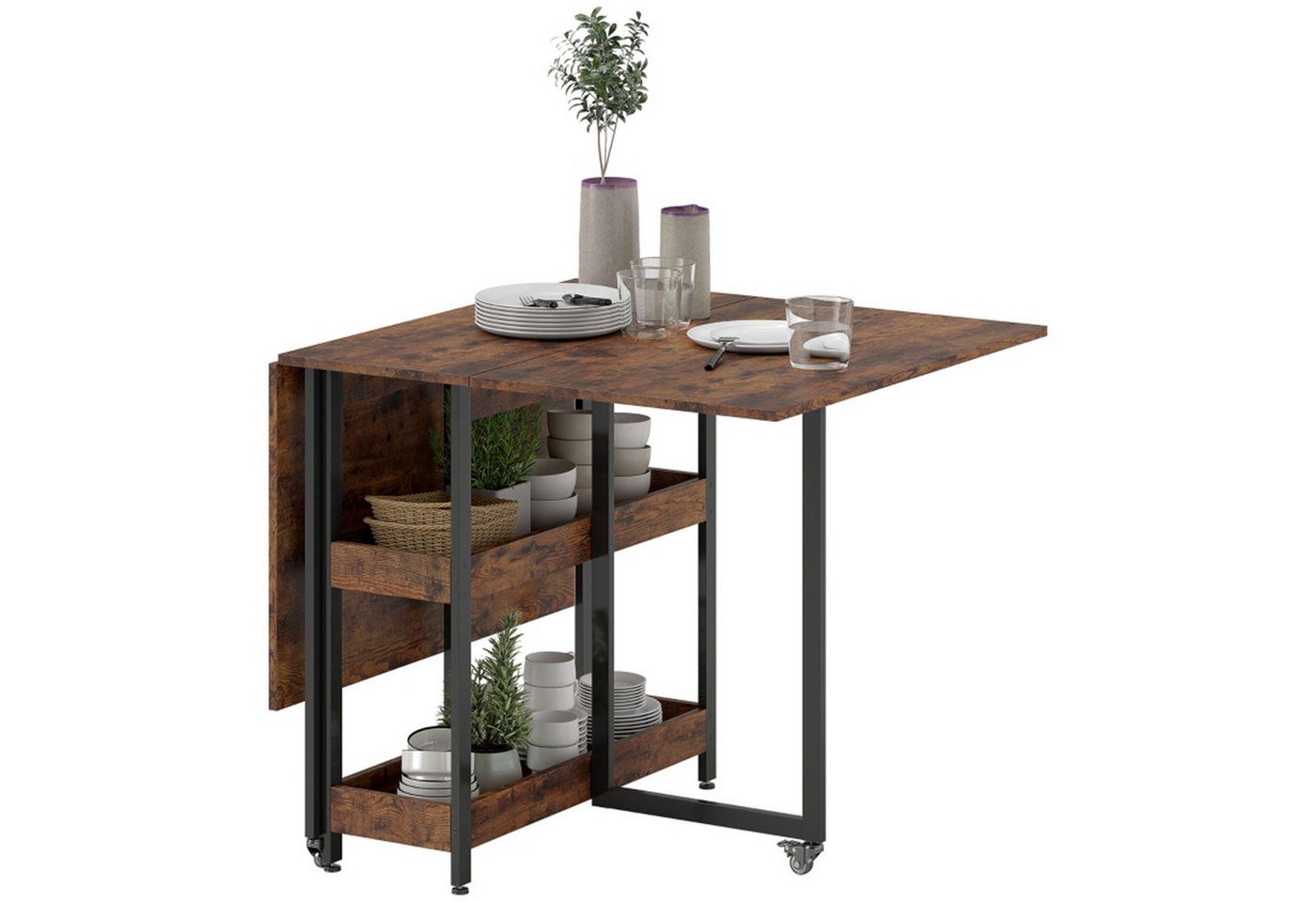 MC Star Esstisch Klappbar Küchentisch für 2-4 Personen mit 2 Offenen Ablagen (Mobiler Esszimmertisch Klapptisch für Kleine Räume, Esszimmer, Küche 133,4 x 80 x 75 cm Rustikal-Braun) von MC Star