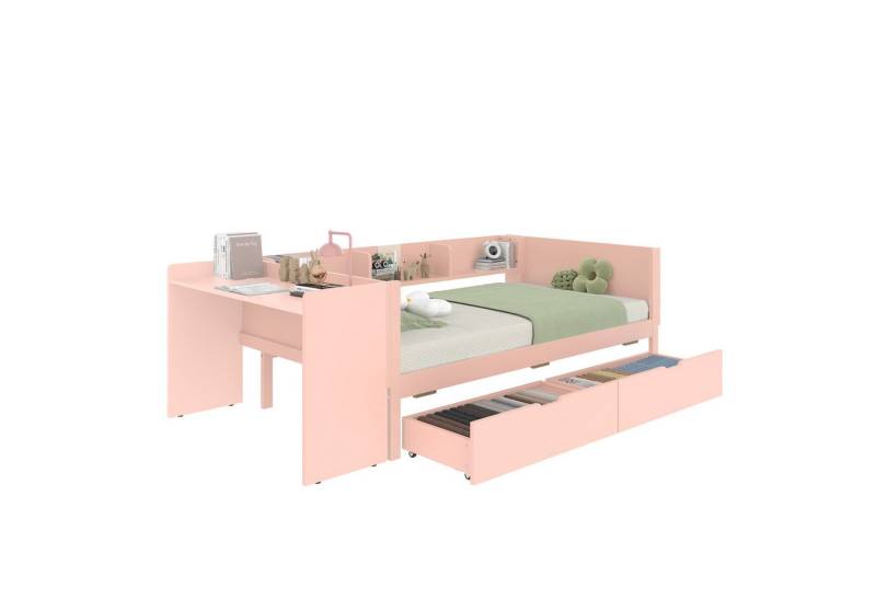MC Star Holzbett 90x200cm, mit Schreibtisch, ausgestattet mit 2 Schubladen (Einzelbett(Ohne Matratze), mit Regalen, Kiefer+Spanplatte, Rosa) von MC Star