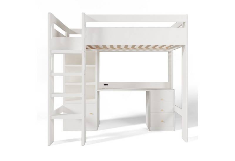 MC Star Kinderbett Hochbett mit USB-C Schreibtisch, Kleiderschrank und Aktenschrank (Jugendbett Einzelbett mit Treppe und Lattenrost, Stauraum,90×200, Ohne Matratze) von MC Star