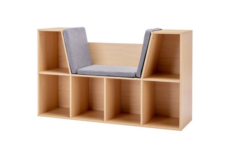 MC Star Kinderregal Bücherregal mit Sitzhocker Kindersitzbank mit 6 Fächern Sitztruhe, mit 3 Kissen Spielzeugkiste ab 3 Jahren Grau+Natur 103 x 30 x 62 cm von MC Star