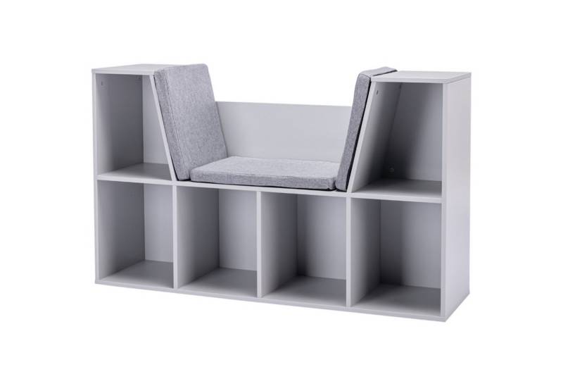 MC Star Kinderregal Bücherregal mit Sitzhocker Kindersitzbank mit 6 Fächern Sitztruhe, mit 3 Kissen Spielzeugkiste ab 3 Jahren Grau 103 x 30 x 62 cm von MC Star