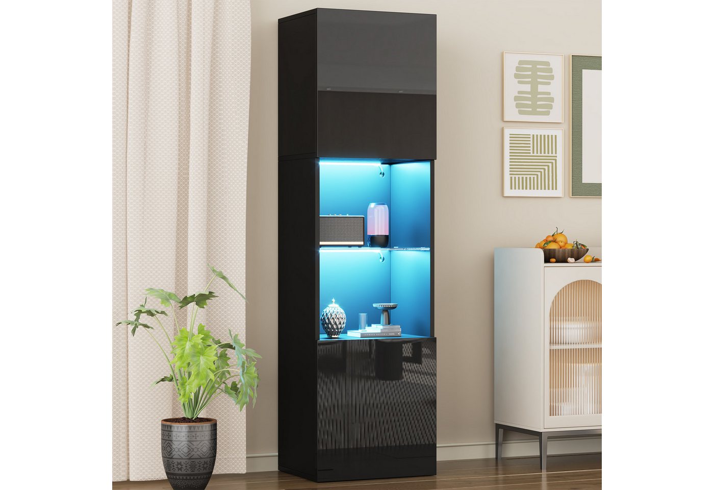 MC Star Kommode Hochglanzschwarze Vitrine mit LED-Beleuchtung, 1 Glasboden (5*35*160 cm, Vitrine, freistehende Vitrine, Hochschrank, Lagerschrank) von MC Star