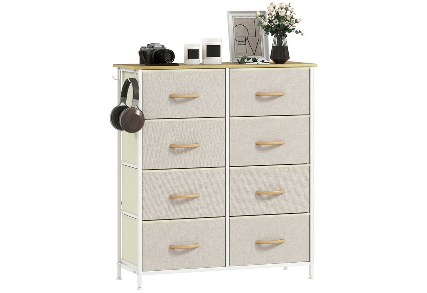 MC Star Kommode Schlafzimmer mit 8 Stoffschubladen, Stahlstreben, Holzoberfläche (4 Aufbewahrungstaschen, 2 Haken, Beige) von MC Star