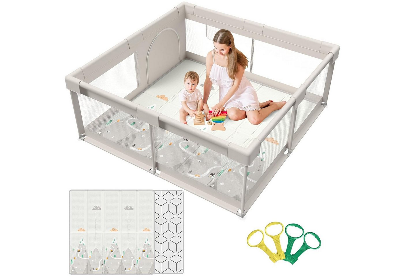 MC Star Laufgitter mit Matte 150x150 cm, Laufstall Baby mit Matratze (Sicher und Geräumig für die Wohnung, Rutschfeste Basis, Atmungsaktives Netzdesign (150X150X64 cm) von MC Star