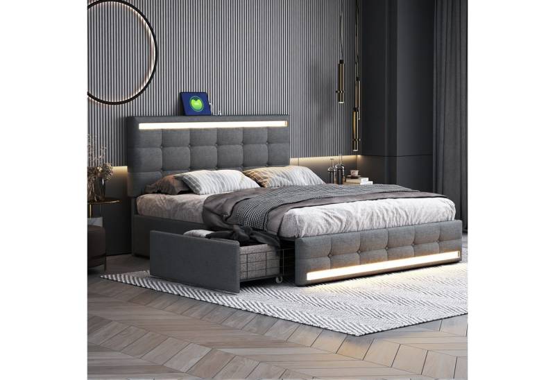 MC Star Polsterbett 140 * 200 LED mit 4 Schubladen und 2 USB-Ladestationen (Bettrahmen mit LED-Kopfteil-Fußteil, gepolstertes Plattformbett mit Stauraum, Leinenstoff Grau) von MC Star
