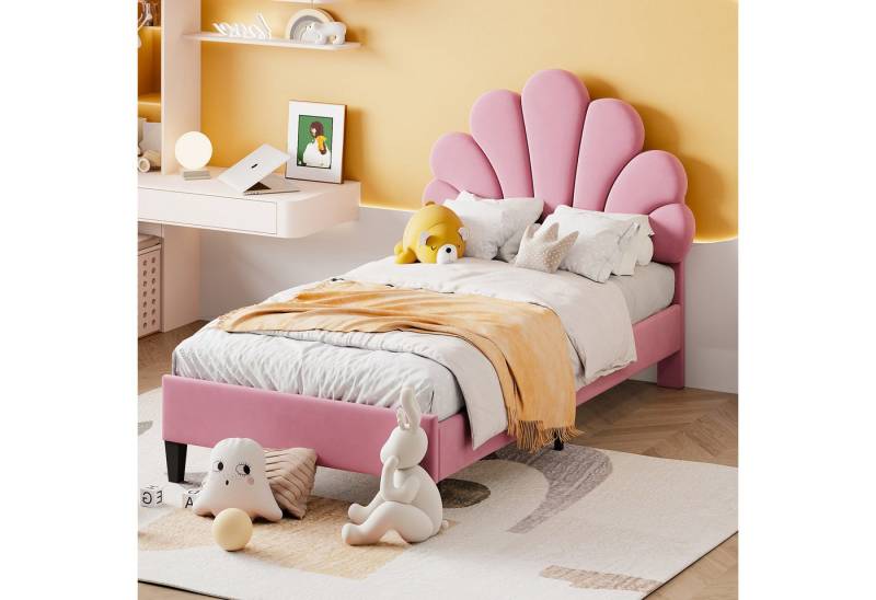 MC Star Polsterbett Bettgestell mit Kopfteil in Blumenform und Lattenrost (Teenie-Mädchenbett in hautfreundlichem Samtstoff, Gästebett) von MC Star