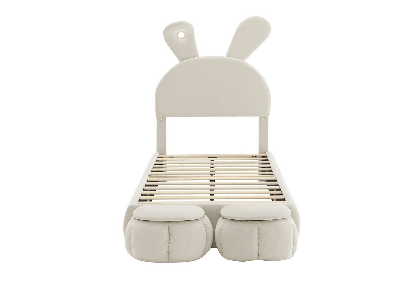 MC Star Polsterbett Hasenohren mit einstellbarer Helligkeit warmfarbenen Lichtstreifen (mit zwei Aufbewahrungshockern, Kinderbett mit Holzlatten) von MC Star