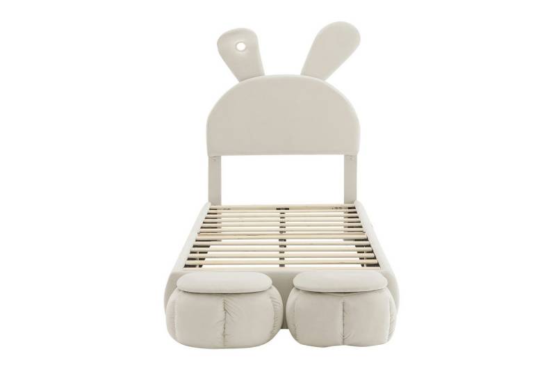 MC Star Polsterbett Hasenohren mit einstellbarer Helligkeit warmfarbenen Lichtstreifen (mit zwei Aufbewahrungshockern, Kinderbett mit Holzlatten) von MC Star