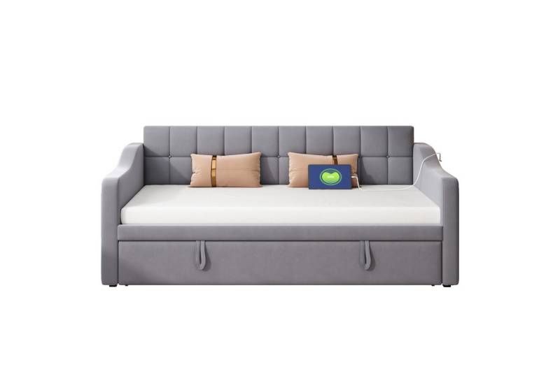 MC Star Schlafsofa 2 in 1 Multifunktionsschlafsofa 90/180, Grau Samtstoff Polsterbett, mit Steckdose und Aufbewahrungstasche von MC Star