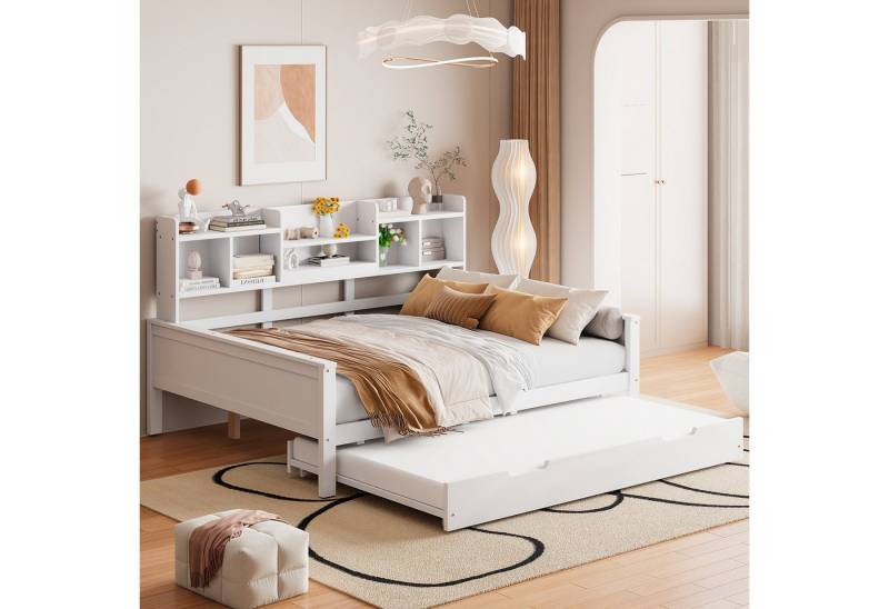 MC Star Schlafsofa Massivholz, Ausziehbett 90*190CM, mit Staufach und Lattenrost, Kiefer Multifunktionsbett, Weiß von MC Star