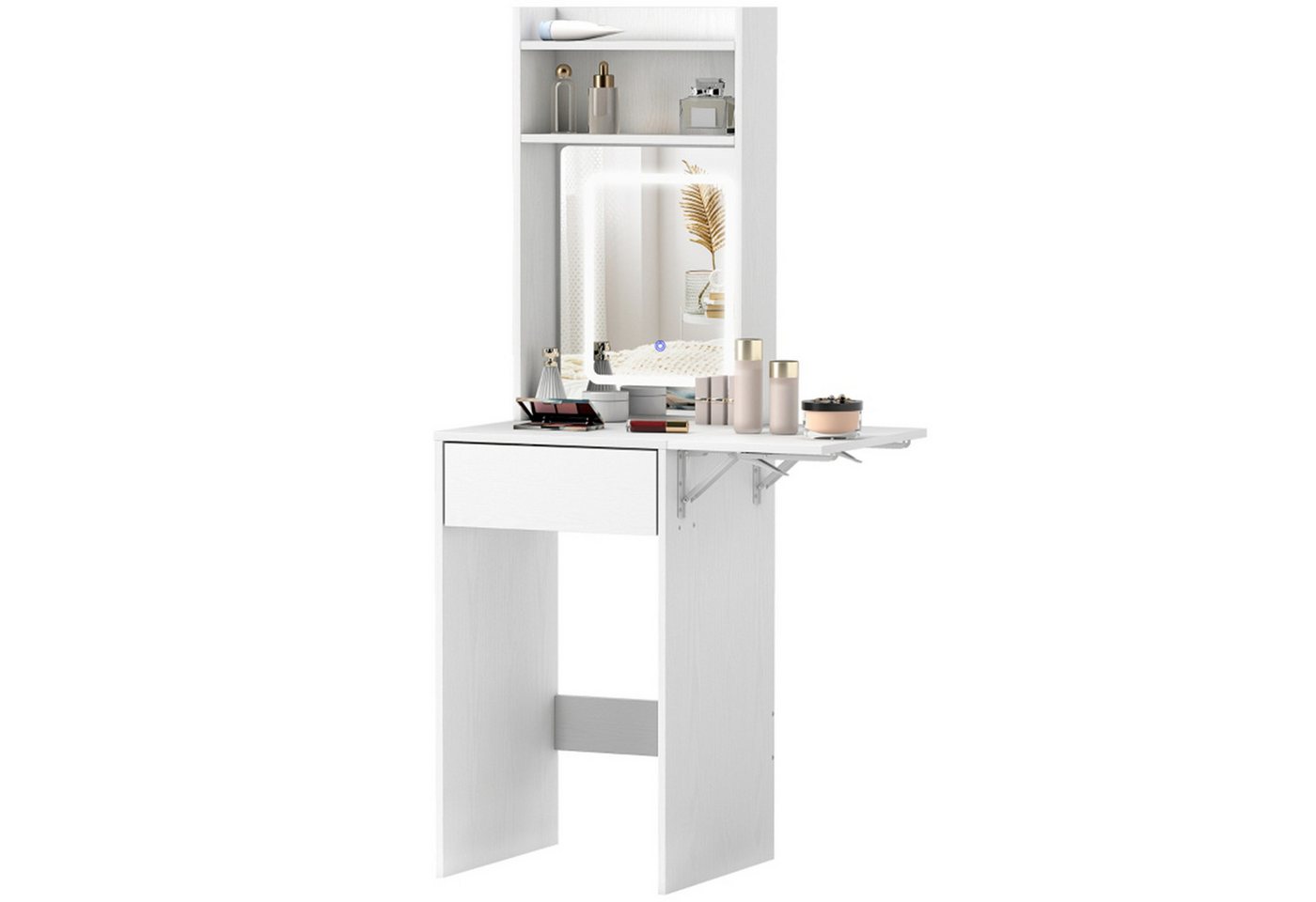 MC Star Schminktisch Kompakter mit Spiegel und LED-Beleuchtung, klappbare Tischplatte (offenere Regale, Schublade, MDF, Weiß) von MC Star
