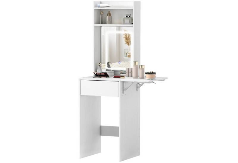 MC Star Schminktisch Kompakter mit Spiegel und LED-Beleuchtung, klappbare Tischplatte (offenere Regale, Schublade, MDF, Weiß) von MC Star