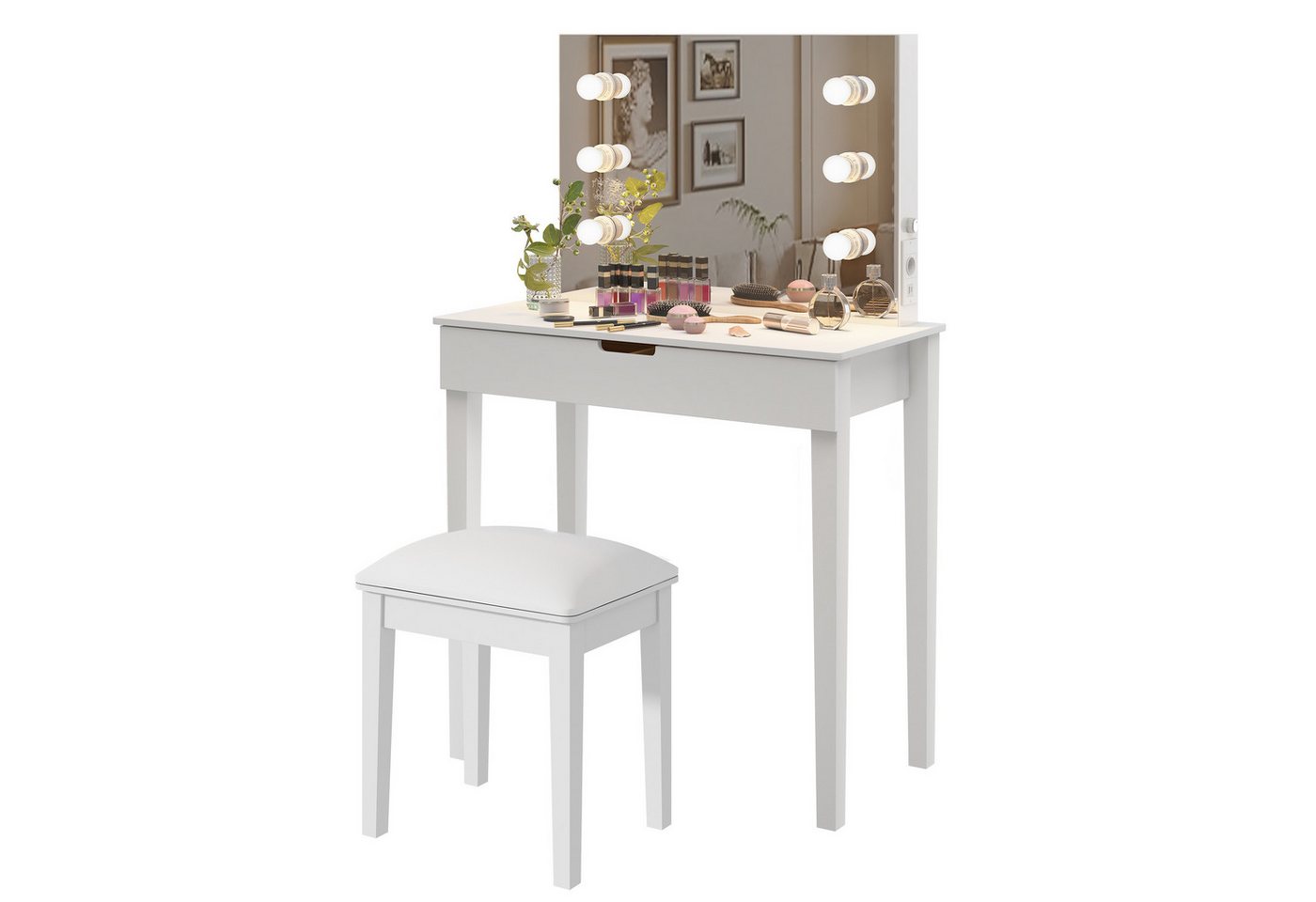 MC Star Schminktisch mit Spiegel, Schminkhocker, Schminktisch-Set (mit 6 Glühbirnen, weiß) von MC Star