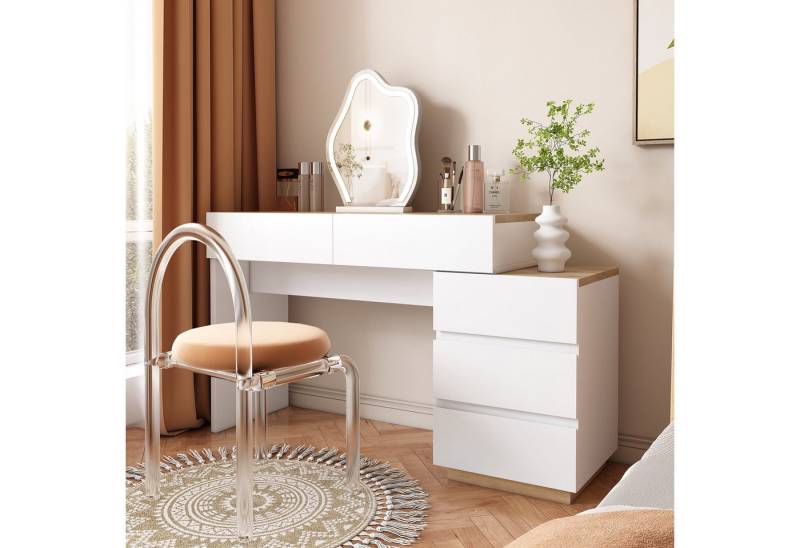 MC Star Schreibtisch Schreibtisch mit 5 Schubladen, Frisiertisch (Funktion von Aufbewahrung, für Schlafzimmer, E1-Spanplatte, weiß+oak) von MC Star