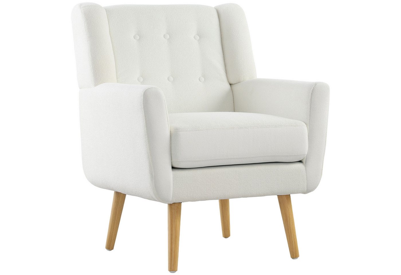 MC Star Sessel Wohnzimmer Ohrensessel Gepolstert Getuftet Loungesessel (Relaxsessel mit Teddy-Fleece-Optik, Holzbeine, Polstersessel für Schlafzimmer, Weiß) von MC Star