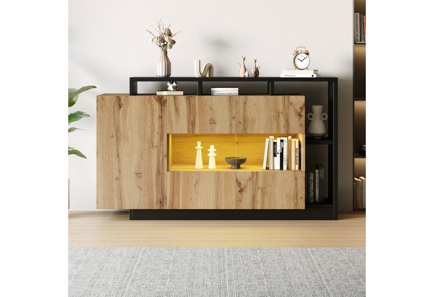 MC Star Sideboard Modernes LED Sideboard, Glas-Esszimmerschrank in Original Holzfarbe (LED Esszimmerschrank für Wohnzimmer mit Bluetooth Steuerung LED Esszimmerschrank) von MC Star